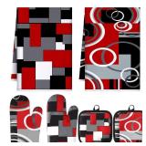 Jingmore 6 Pcs Kitchen Decor Set Accessorie Farmhouse Kitchen Towels Pot Holders Oven Mitts Set 2 Dish Towels 2 Pot Holders 2 Cooking Mittens Oven Glove for Cooking(Red and Black,Geometric)