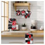 Jingmore 6 Pcs Kitchen Decor Set Accessorie Farmhouse Kitchen Towels Pot Holders Oven Mitts Set 2 Dish Towels 2 Pot Holders 2 Cooking Mittens Oven Glove for Cooking(Red and Black,Geometric)