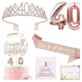 40th Birthday Gifts Decorations for Women, Including 40th Happy Birthday Cake Toppers, Birthday Queen Sash with Pearl Pin, Sweet Rhinestone Tiara Crown, Number Candles and Balloons Set