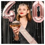 40th Birthday Gifts Decorations for Women, Including 40th Happy Birthday Cake Toppers, Birthday Queen Sash with Pearl Pin, Sweet Rhinestone Tiara Crown, Number Candles and Balloons Set