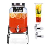 2 Gallon Glass Drink Dispensers for Parties, Sun Tea Glass Jar for Outside Beverage Dispenser with Stand+Lid 2 Press-Spigots(Easy for kids) Fruit Infuser, Beverage Dispensers-Mason Jar