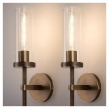 vookea 15 Knurled Brass Wall Sconces Set of 2, Bronze Bathroom Vanity Light Fixtures with Clear Glass Tube, Modern Lamp Lighting for Bedroom, Living Room, Hallway, Staircase, Mirror, Kitchen