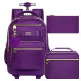 HPJGD 3PCS Girls Rolling Backpack, Womens Dark Purple School Backpacks with Wheels, Water Resistant Roller Kids Wheeled Bookbag Set
