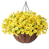 Artificial Fake Hanging Flowers Plants Baskets for Outdoor Decoration, Faux Silk Morning Glory in Planter UV Resistant Realistic for Home Outside Porch Patio Balcony Garden Yard Home Decor, Yellow