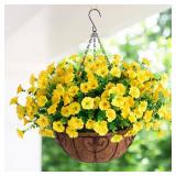Artificial Fake Hanging Flowers Plants Baskets for Outdoor Decoration, Faux Silk Morning Glory in Planter UV Resistant Realistic for Home Outside Porch Patio Balcony Garden Yard Home Decor, Yellow
