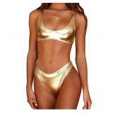 YAUASOPA Sexy Liquid Metallic Glitter Two Piece Push Up Swimsuit Female Shiny Solid High Cut Beachwear (US(4-6) M, Gold 1)
