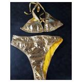 YAUASOPA Sexy Liquid Metallic Glitter Two Piece Push Up Swimsuit Female Shiny Solid High Cut Beachwear (US(4-6) M, Gold 1)