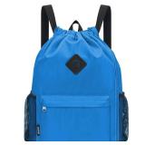 WANDF Drawstring Backpack Sports Gym Bag with Shoes Compartment, Water-Resistant String Backpack Cinch for Women Men(Large,Dark blue)