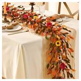 Waipfaru Fall Decor Clearance, Fall Garland with Lights, 6FT Autumn Eucalyptus Leaves Lighted Garland with Flower Thanksgiving Decoration for Home Mantle Porch Outdoor Indoor Table Wall Arch