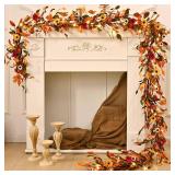 Waipfaru Fall Decor Clearance, Fall Garland with Lights, 6FT Autumn Eucalyptus Leaves Lighted Garland with Flower Thanksgiving Decoration for Home Mantle Porch Outdoor Indoor Table Wall Arch