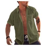 Bbalizko Mens Short Sleeve Button Up Shirts Linen Cotton Beach Tops Spread Collar Plain Summer T Shirt with Pocket Army Green Large