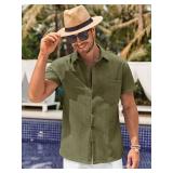 Bbalizko Mens Short Sleeve Button Up Shirts Linen Cotton Beach Tops Spread Collar Plain Summer T Shirt with Pocket Army Green Large