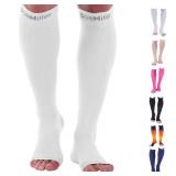 Doc Miller, Open Toe Compression Socks, 8-15 mmHg, Toeless, Support Circulation, Shin Splints, Calf Recovery, Varicose Veins, Knee High, Medical Grade, White Socks, X-Large Size for Men & Women, Pair