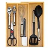 Large Bamboo Silverware Drawer Organizer Tray Kitchen Tool Drawer Divider Organizers Storage Expandable Cooking Utensil Organizer Wooden Cutlery Tray Spoon Flatware Organizers Utensil Holder Drawers E