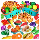 100 PCS Cutting Play Food Toy for Kids Kitchen, Pretend Food Toys for Toddlers, Play Kitchen Toys Accessories with 2 Baskets, Fake Food/Fruit/Vegetable, Birthday Gifts for 3 4 5 Years Old Boys Girls