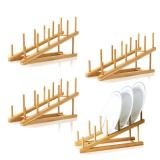 TIE-DailyNec 4 PCS Wooden Dish Drying Rack Bamboo Plate Dish Rack Stand Kitchen Cabinet Organizer Pot Lid Holder for Plate, Dish, Cup, Cutting Board, Bowl, Pot Lid