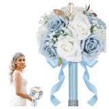 Qeedy Wedding Bouquets for Bride - Realistic Silk Flowers Artificial Roses, 9 Inch Bridesmaid Bouquet for Ceremony, Church, Anniversary, and Home Decoration (White & Blue)