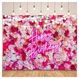 Ayayiya Pink Flower Birthday Backdrop Women Floral Bday Decorations,Neon Pink Happy Birthday Backdrops Banner Red Rose Flowers Photography Background Girls Bday Party Decor Photo Booth Props 8x6ft