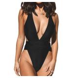 CUPSHE One Piece Swimsuit for Women Bathing Suit Cut Out Cross Back Tie Deep V Neck Ruched High Cut,S Black