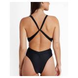 CUPSHE One Piece Swimsuit for Women Bathing Suit Cut Out Cross Back Tie Deep V Neck Ruched High Cut,S Black