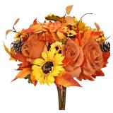 BLEUM CADE Fall Decor - Fall Artificial Flowers Bouquet with Sunflower Maple Leaves, Autumn Faux Flowers Plants for Home Wedding Thanksgiving Decoration, Orange - Retail: $18