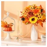 BLEUM CADE Fall Decor - Fall Artificial Flowers Bouquet with Sunflower Maple Leaves, Autumn Faux Flowers Plants for Home Wedding Thanksgiving Decoration, Orange - Retail: $18
