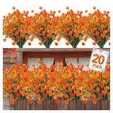 20 Bundles Artificial Fall Flowers for Outdoors Fall Decorations-UV Resistant Fake Mums Faux Plants Plastic Flowers Greenery Home Porch Gardens Fireplace Patio Autumn Thanksgiving Decor(Orange Red) - 