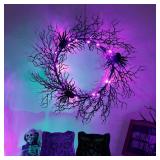 Adroiteet 24 Inch Halloween Wreath for Front Door - Lighted Black Spider Wreath with Purple LED Lights, Outdoor/Indoor Spooky Decorations for Halloween Party, Porch, Holiday Home Decor - Retail: $24