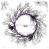 Adroiteet 24 Inch Halloween Wreath for Front Door - Lighted Black Spider Wreath with Purple LED Lights, Outdoor/Indoor Spooky Decorations for Halloween Party, Porch, Holiday Home Decor - Retail: $24