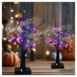 Dazzle Bright 2 Pack 20 Inch Orange & Purple Lighted Halloween Birches Tree Decor, 24 LED Battery Operated Halloween Decorations Artificial Black Spooky Tree with Timer for Indoor Home Party - Retail: