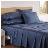 Bedsure 100% Cotton Sheets Queen Size Bed Set - 300 Thread Count Sateen Weave with Deep Pocket Bed Sheets, Breathable, Soft & Moisture Wicking - 6 Piece Blue Sheets