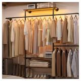 Cyclysio Industrial Pipe Clothing Rack, Reversible 7.25FT Wall Mounted Clothes Rack, Heavy Duty Garment Racks Closet Wardrobe with LED Lights& Shelves, Walk-in Closet System, Brown - Retail: $130
