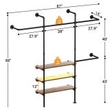 Cyclysio Industrial Pipe Clothing Rack, Reversible 7.25FT Wall Mounted Clothes Rack, Heavy Duty Garment Racks Closet Wardrobe with LED Lights& Shelves, Walk-in Closet System, Brown - Retail: $130