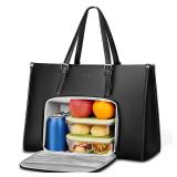 MATEIN Laptop Tote Bag with Insulated Lunch Compartment, 15.6 Inch PU Leather Briefcase with Leakproof Lunch Box Pocket for Women, Convertible Lightweight Computer Work Bag Handbag for Office, Black