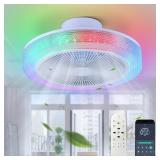 DLLT Low Profile Ceiling Fan: 18 Inch Flush Mount Bladeless RGB Ceiling Fan with Light and Remote for Bedroom Living Room Kitchen - Modern Enclosed Led Fandelier with App 6 Wind Speed Dimmable White -