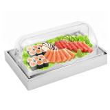 YMJOINMX Ice Food Serving Display Tray with Clear Roll Top Cover Buffet Cold Serving Cooler Platter w/ 2 Ice Packs Cooling Food Dishes Display Plate Case with Lid for Seafood Fruit Party Buffet Tray