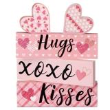 5 Pieces Valentines Day Desk Decorations Hugs Kisses Valentines Sign Wooden Decor Gift Mini Love Heart Wood Block Signs Wedding Tiered Tray Table Decorations(Pink)