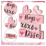 5 Pieces Valentines Day Desk Decorations Hugs Kisses Valentines Sign Wooden Decor Gift Mini Love Heart Wood Block Signs Wedding Tiered Tray Table Decorations(Pink)