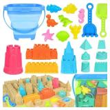Collapsible Beach Toys for Kids Toddlers, Collapsible Sand Bucket and Shovels Set with Mesh Bag, Travel Sand Castle Building Kit, Sandbox Toys, Foldable Beach Essentials for Toddlers Kids Age 3-10