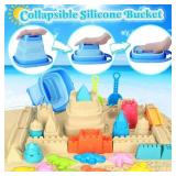 Collapsible Beach Toys for Kids Toddlers, Collapsible Sand Bucket and Shovels Set with Mesh Bag, Travel Sand Castle Building Kit, Sandbox Toys, Foldable Beach Essentials for Toddlers Kids Age 3-10