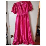 Hot Pink Satin Princess Dress with Puff Sleeves and Boa