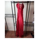 Red Satin Evening Gown with Beaded Bodice Size 2