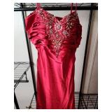 Red Satin Evening Gown with Beaded Bodice Size 2