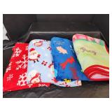 (2) Holiday Themed Plush Blankets and (2) Childrens Blankets