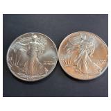 Lot of 2 1992 American Silver Eagle One Dollar Coins 1 Troy Oz Each