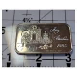 1985 Christmas Silver Art Bar One Troy Ounce 1 Troy Oz