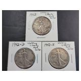 Set of 3 1942 Walking Liberty Half Dollars (1942-S,1942-D,1942)