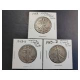 Set of 3 1943 Walking Liberty Half Dollars (1943-S,1943-D,1943)