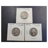 Set of 3 1940 Washington Silver Quarters (1940-S,1940-D,1940)