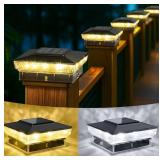 Solar Post Cap Lights, 12-Pack Upgraded Outdoor Deck Fence Post Solar Lights for 4x4 5x5 Wood/Vinyl Posts, IP65 Waterproof, 10-12 Hours Warm/Cool White Glow for Garden/Patio/Porch - Black - Retail: $5